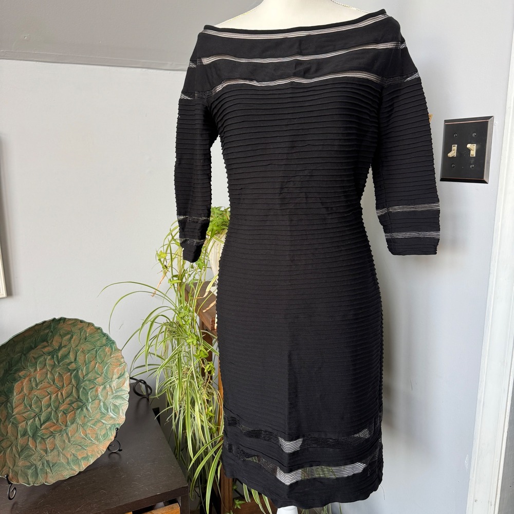 Tadashi Shoji XL Black‎ Bandage Cocktail Dress Boat Neck Net Detail Sheath Chic